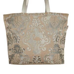 Sun N Sand Women's Beige Silver Embroidery Large Canvas Tote